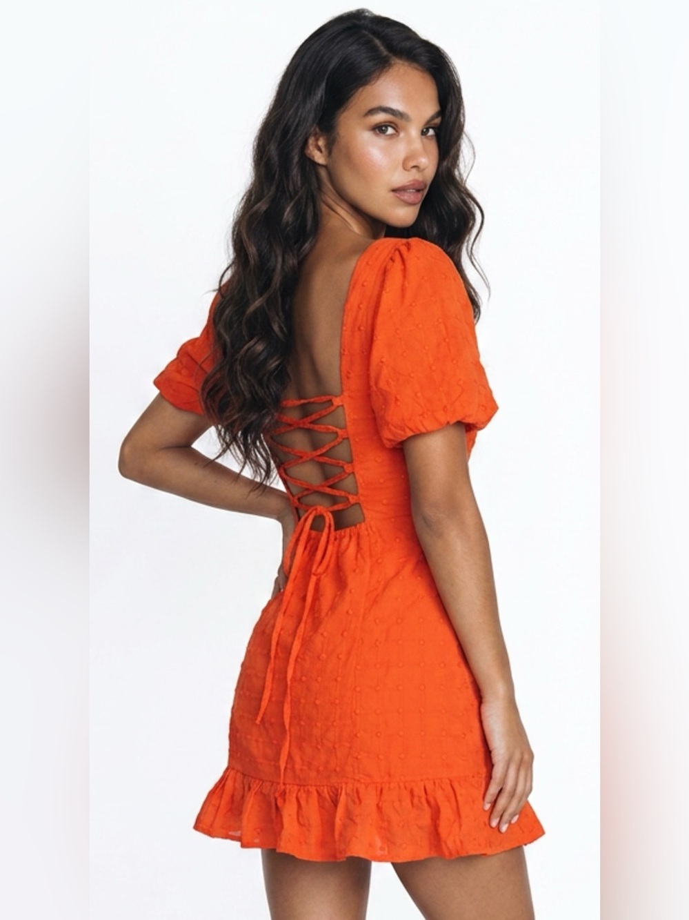 Square Neck Red Orange Puff Sleeve Mini Dress - Picture 3 of 16